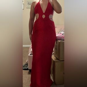 Madison Red Crochet Knit Halterneck Backless Maxi Dress